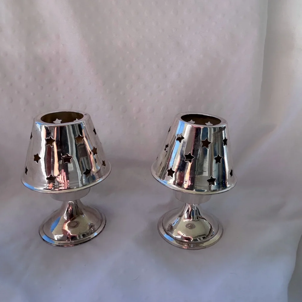 Two’s Company Silver Tone Star Cutout Candle Holders Lamp Shades Pair Made India